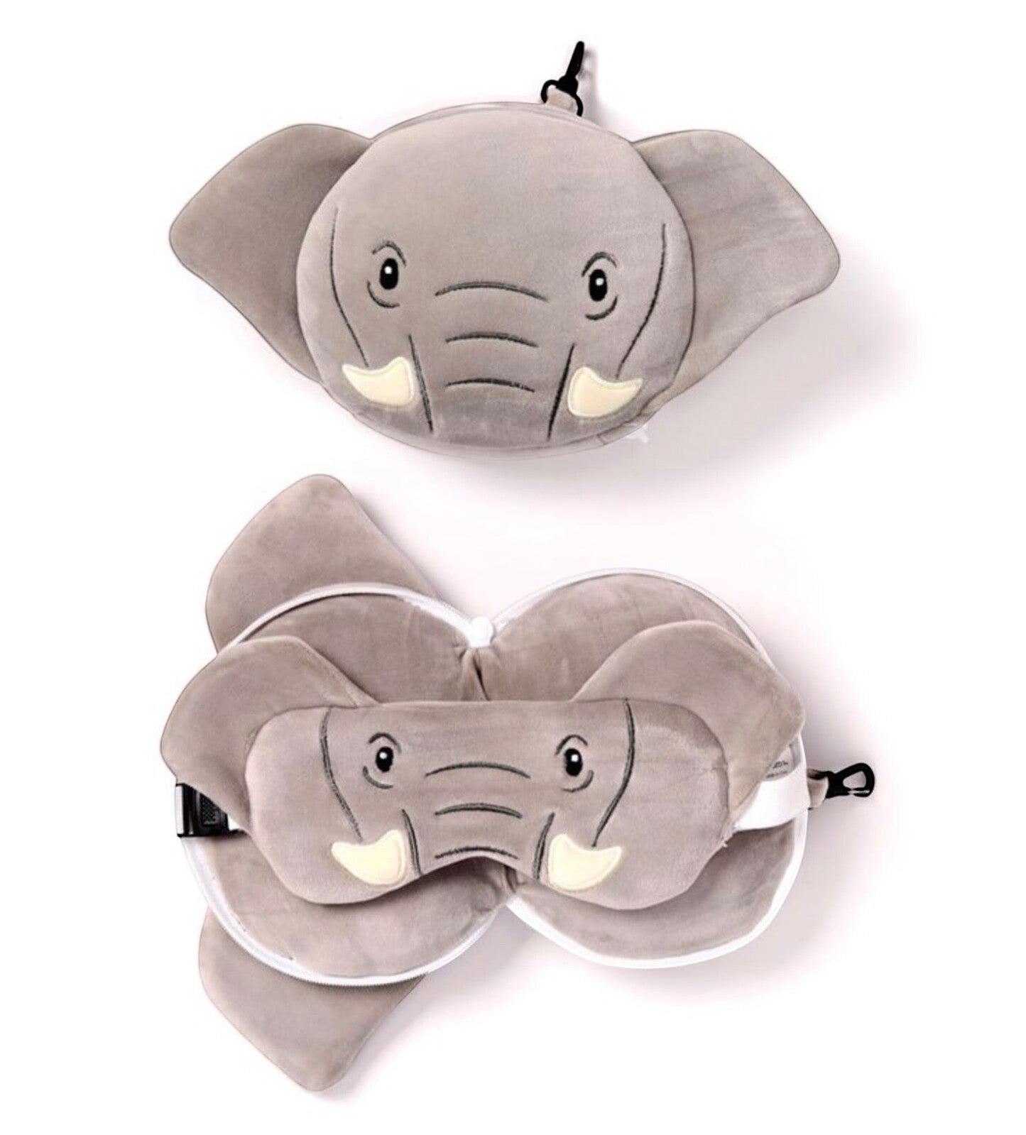 Eclectic Relaxeazzz Janu the Elephant 2-in-1 plush travel pillow and matching eye mask in soft grey polyester blend.