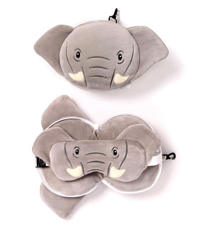 Eclectic Relaxeazzz Janu the Elephant 2-in-1 plush travel pillow and matching eye mask in soft grey polyester blend.