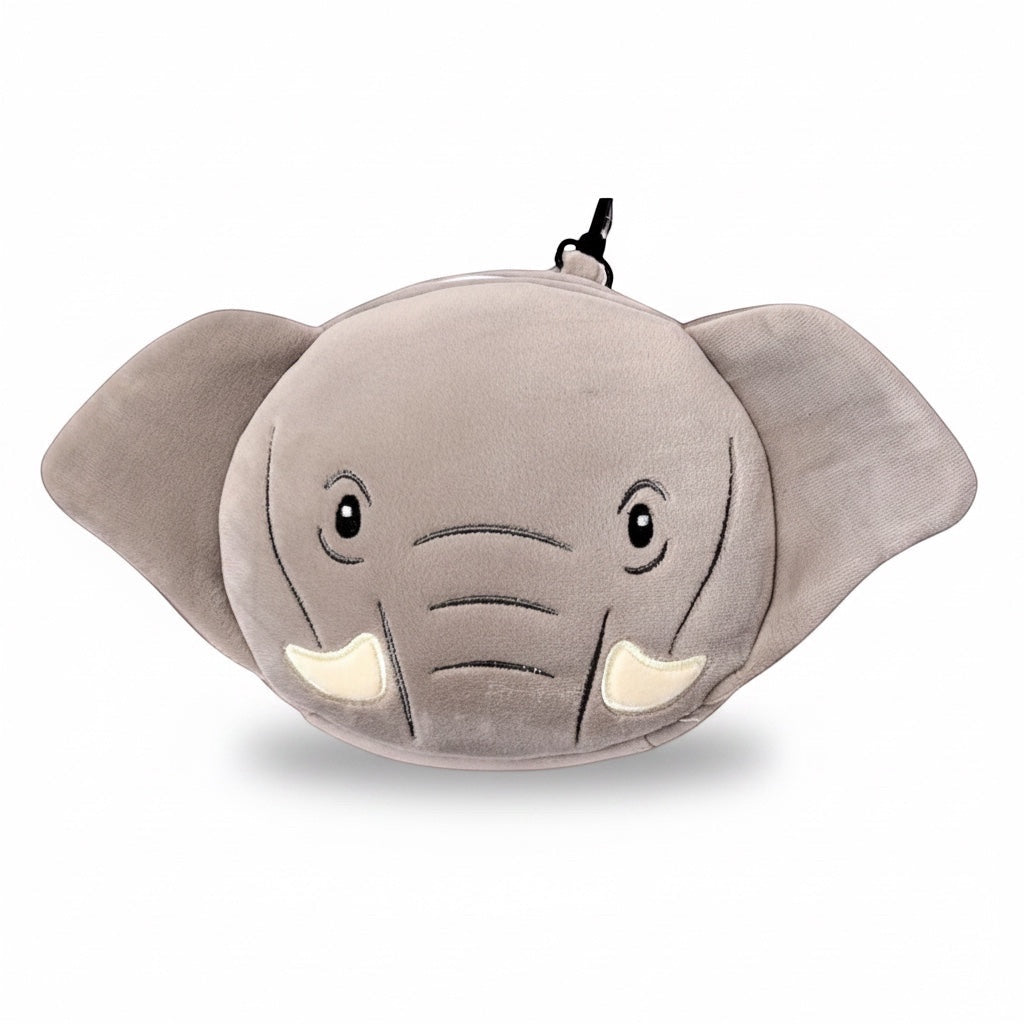 Eclectic Relaxeazzz Janu the Elephant plush travel pillow in soft grey polyester and spandex with a handy clip.