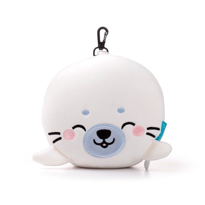 Eclectic Relaxeazzz Kai the Seal plush travel pillow in white with a clip, shown in its compact character form.