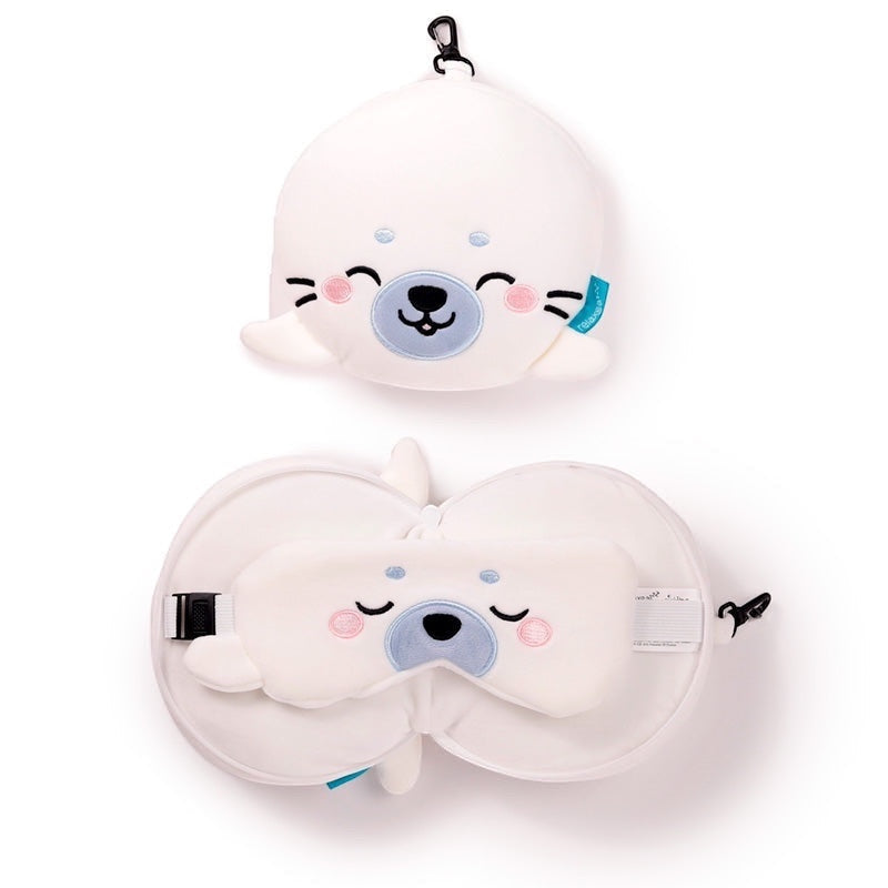 Eclectic Relaxeazzz Kai the Seal 2-in-1 plush toy and white travel neck pillow set with a matching eye mask.
