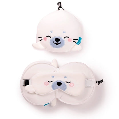 Eclectic Relaxeazzz Kai the Seal 2-in-1 plush toy and white travel neck pillow set with a matching eye mask.