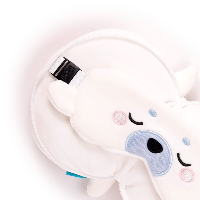 Eclectic Relaxeazzz Kai the Seal white travel pillow and matching eye mask set with soft polyester fabric