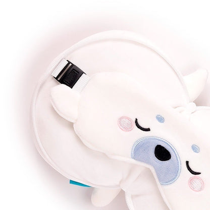 Eclectic Relaxeazzz Kai the Seal white travel pillow and matching eye mask set with soft polyester fabric