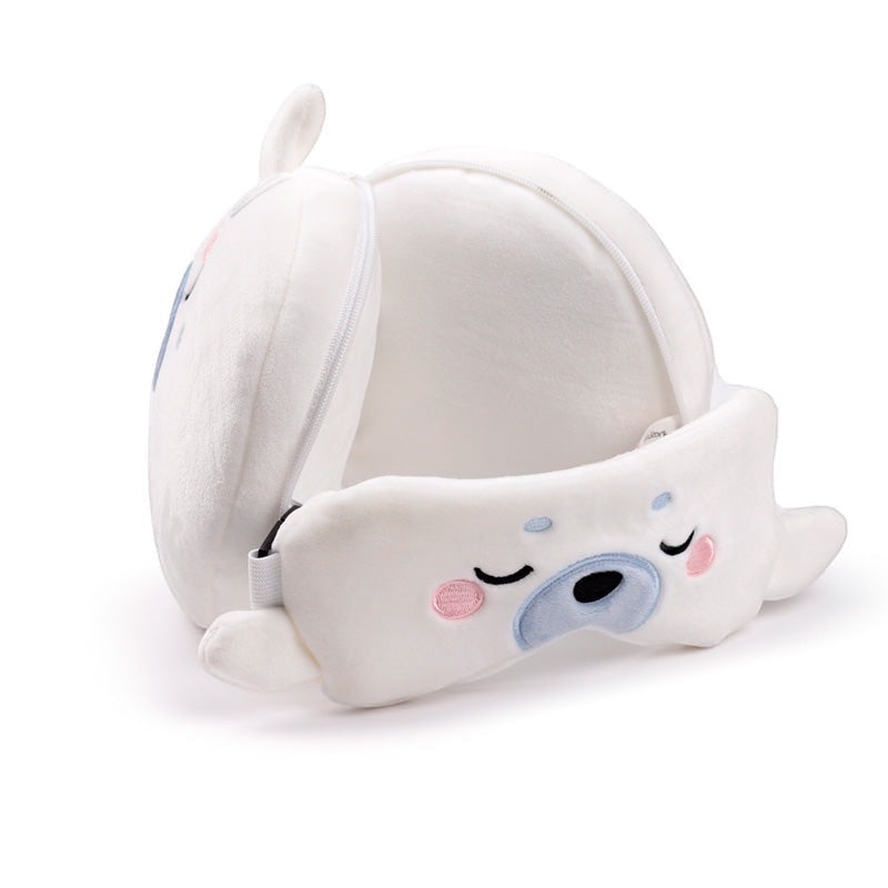 Eclectic Relaxeazzz Kai the Seal 2-in-1 white plush travel neck pillow and matching eye mask set