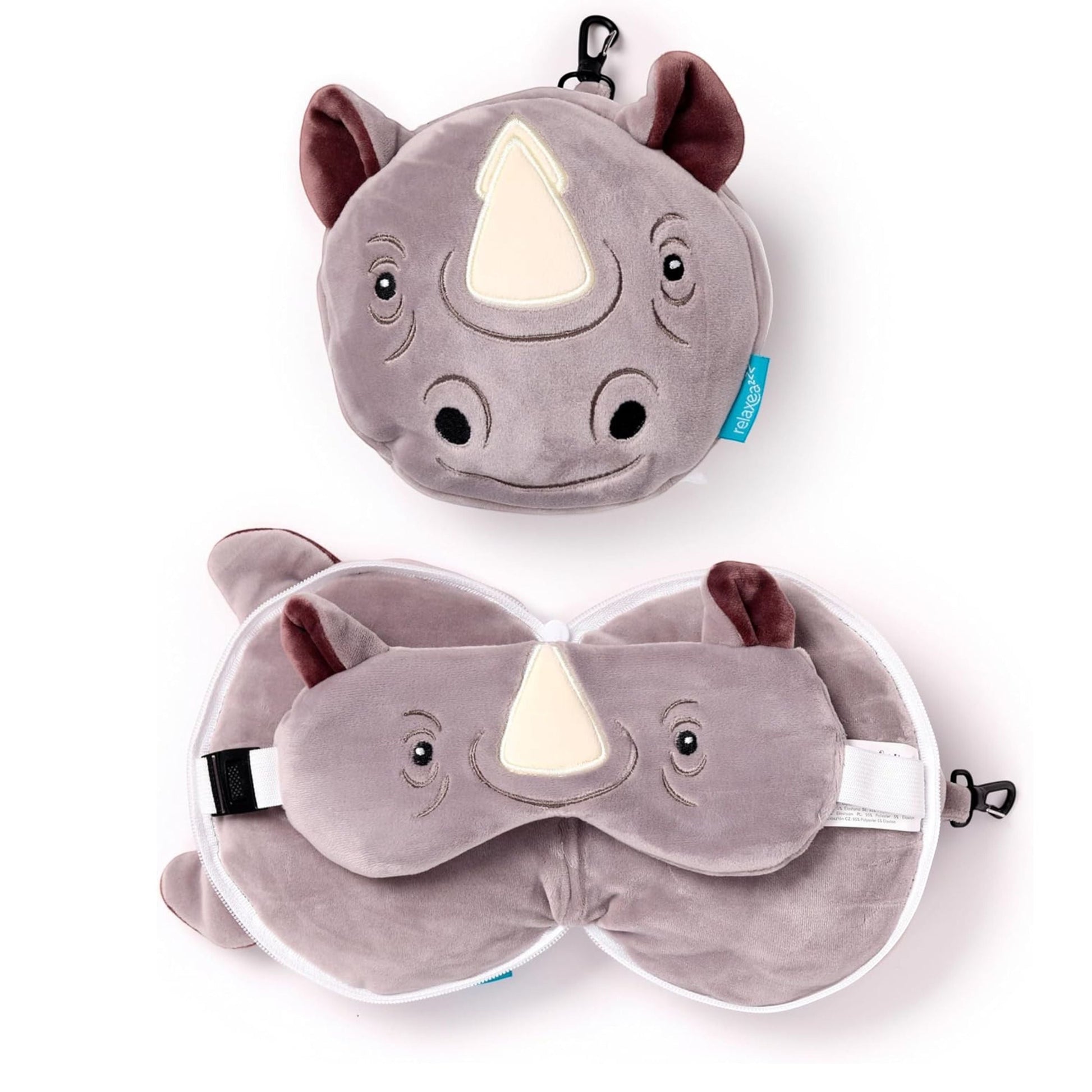 Eclectic Relaxeazzz Remy the Rhino 2-in-1 grey plush travel pillow and matching eye mask set