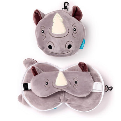 Eclectic Relaxeazzz Remy the Rhino 2-in-1 grey plush travel pillow and matching eye mask set