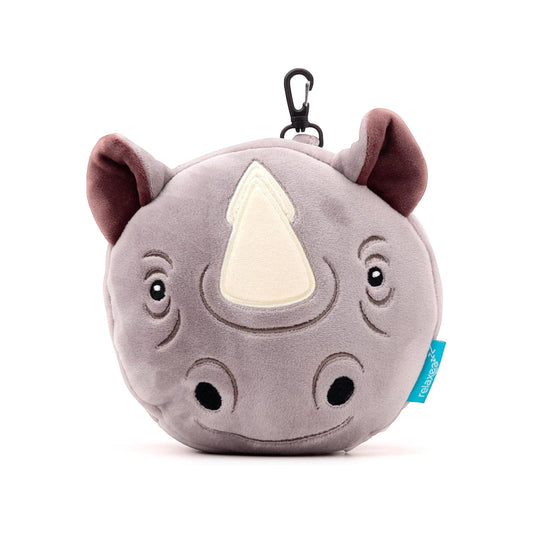 Eclectic Relaxeazzz Remy the Rhino plush travel pillow in grey with a handy clip for travel