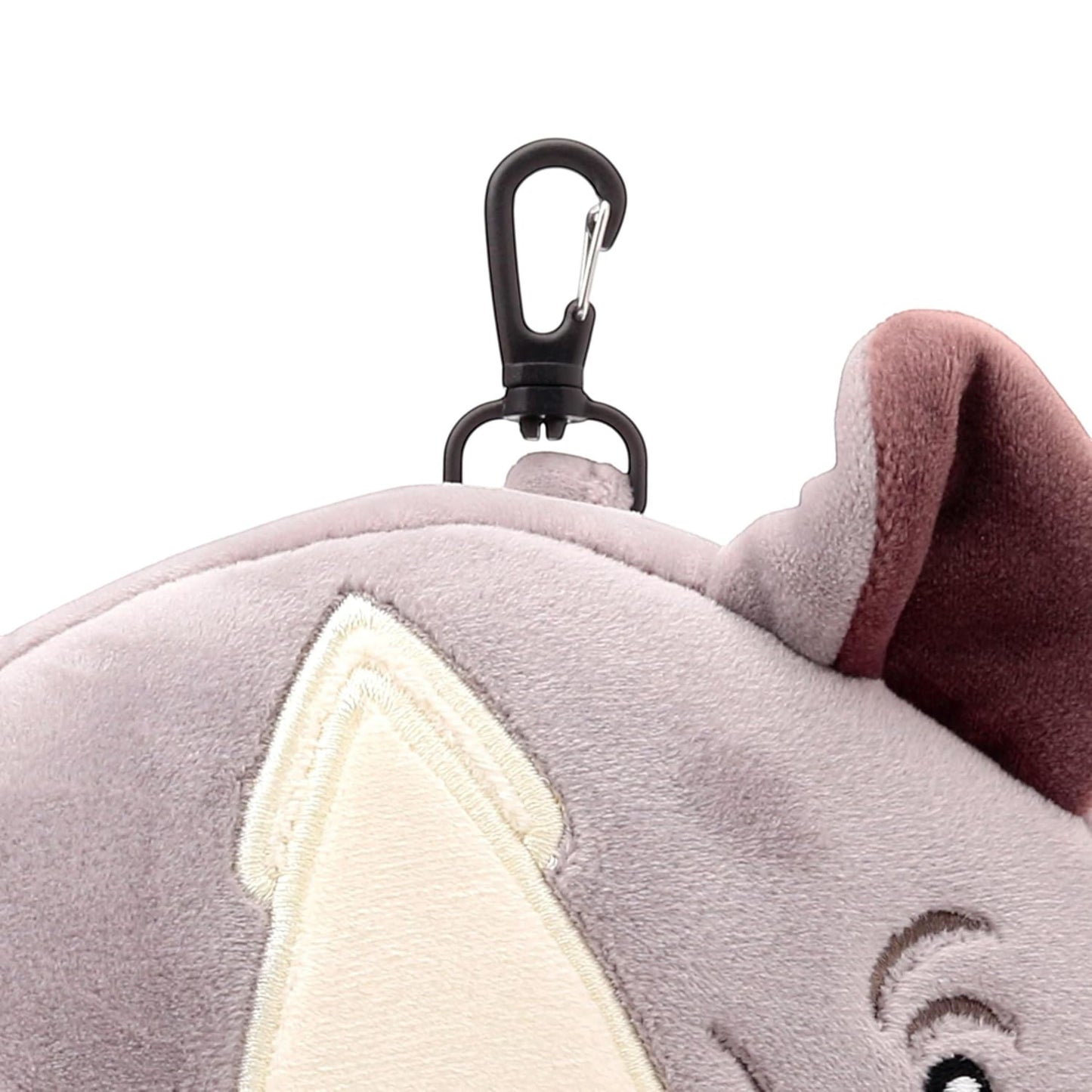 Eclectic Relaxeazzz Remy the Rhino plush travel pillow with a black clip attachment for easy travel