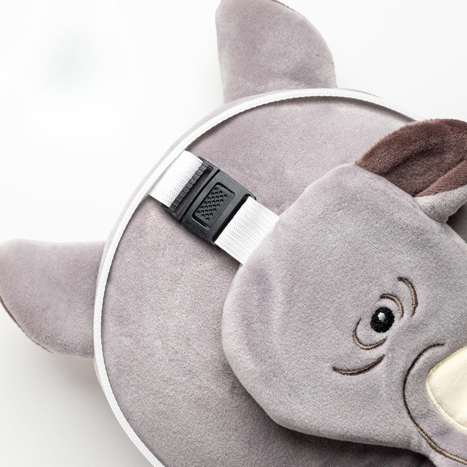 Eclectic Relaxeazzz Remy the Rhino plush travel pillow and eye mask set in soft grey polyester and spandex