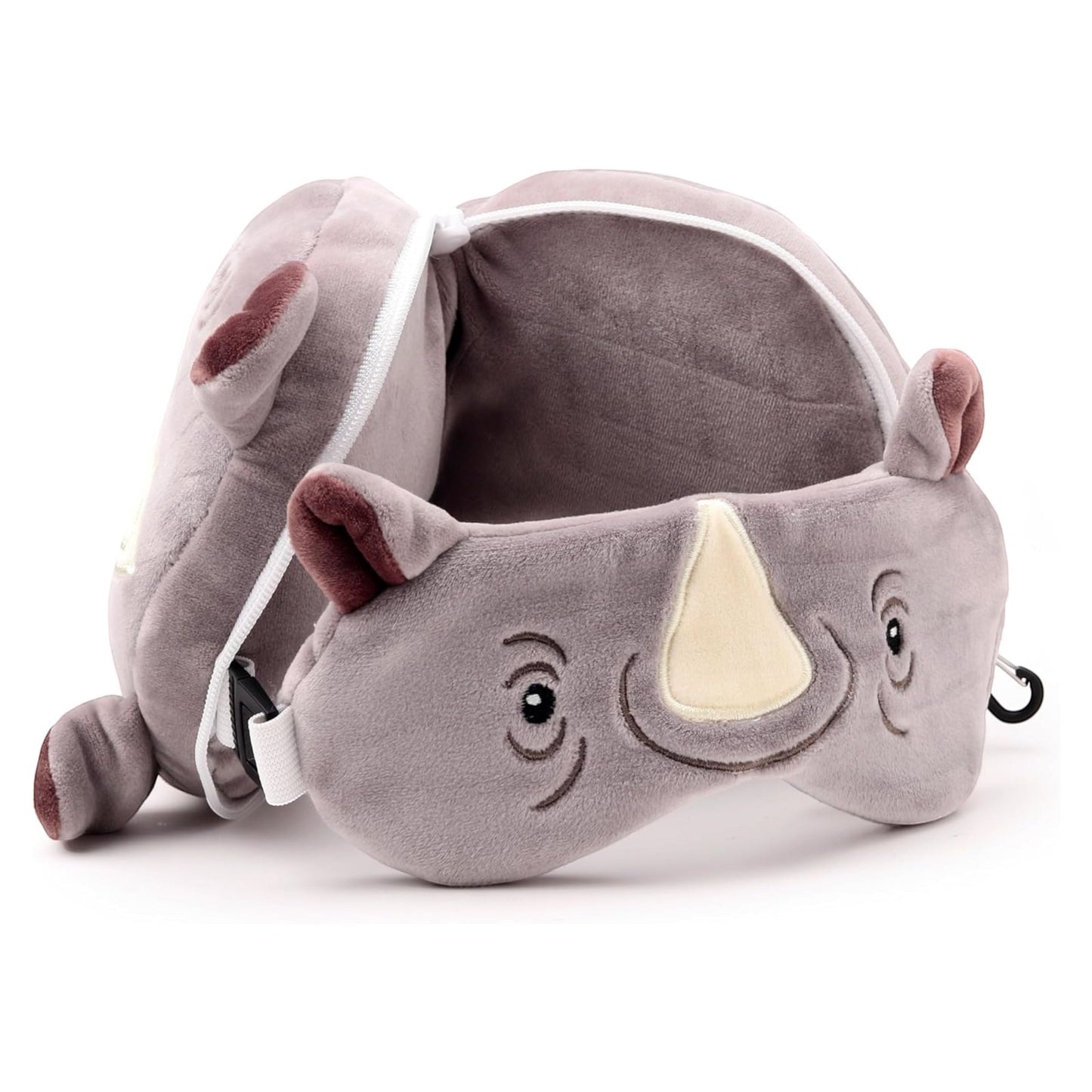 Eclectic Relaxeazzz Remy the Rhino plush travel pillow and matching eye mask in soft grey polyester and spandex