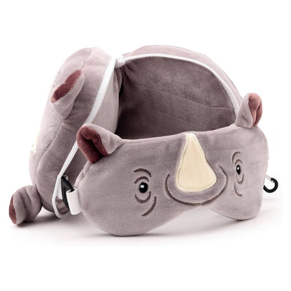 Eclectic Relaxeazzz Remy the Rhino plush travel pillow and matching eye mask in soft grey polyester and spandex