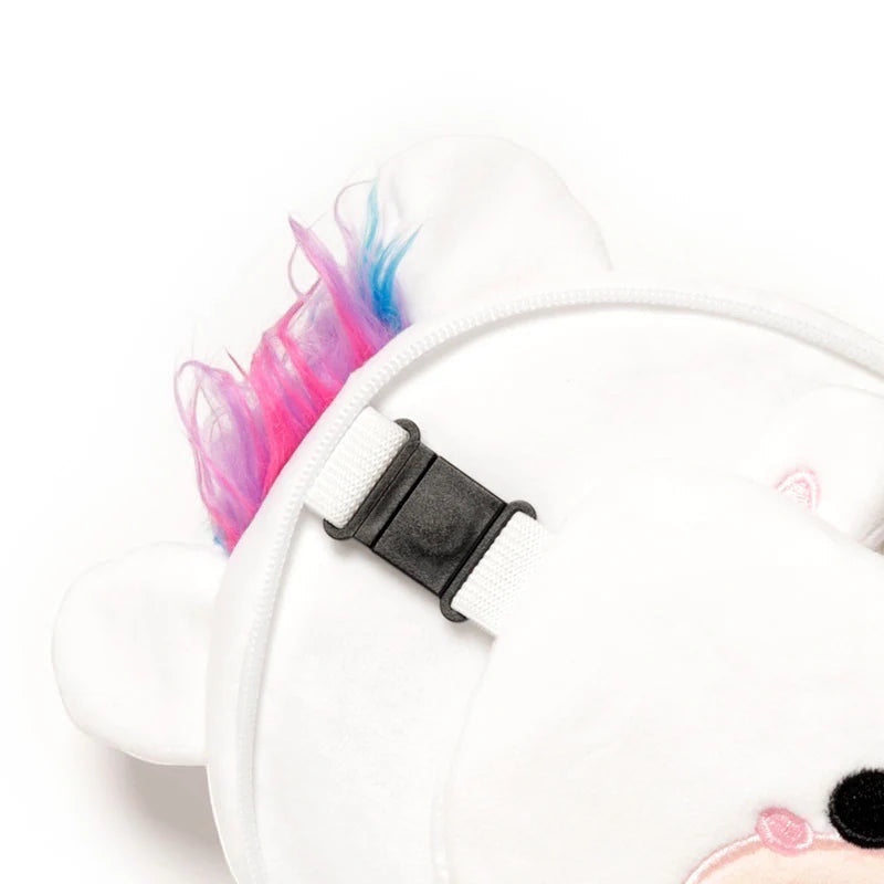 Eclectic Relaxeazzz Astrid the Unicorn travel pillow featuring soft white plush fabric and a colourful mane clip detail.