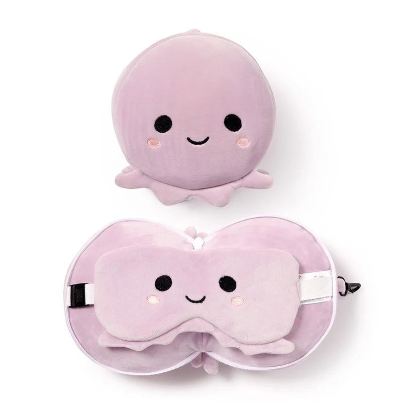 Eclectic Relaxeazzz Wendy the Octopus plush travel pillow and matching eye mask in soft light purple polyester fabric.