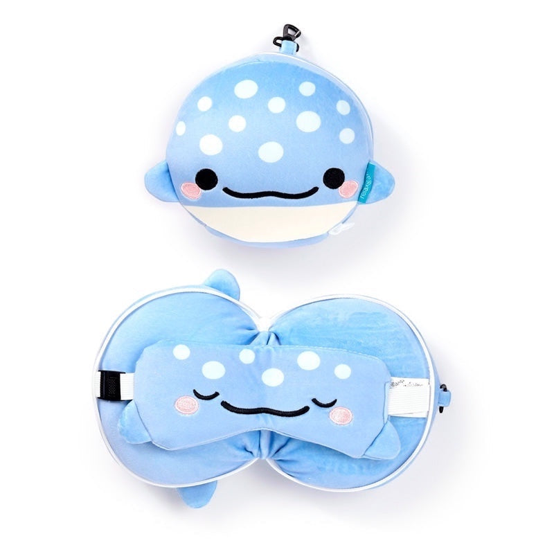 Eclectic Relaxeazzz Aoi the Whale Shark 2-in-1 blue plush travel pillow and matching eye mask set