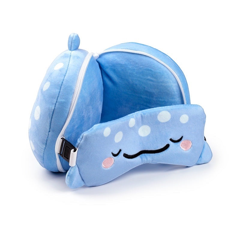 Eclectic Relaxeazzz Aoi the Whale Shark blue plush 2-in-1 travel pillow and matching eye mask set