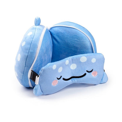 Eclectic Relaxeazzz Aoi the Whale Shark blue plush 2-in-1 travel pillow and matching eye mask set