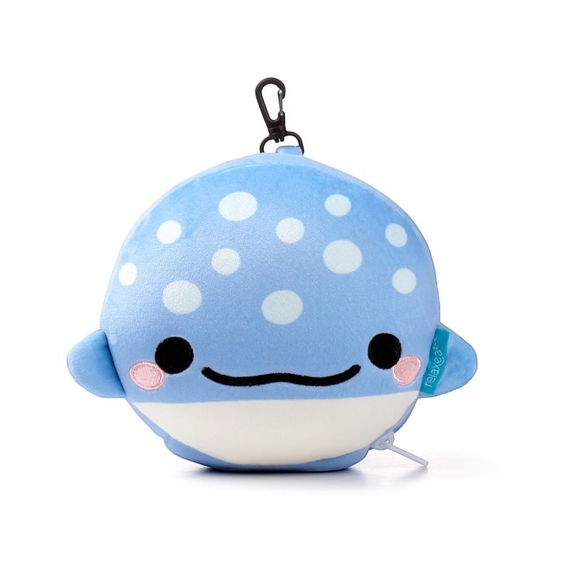 Eclectic Relaxeazzz Aoi the Whale Shark plush travel pillow in blue with white polka dots and a carry clip.