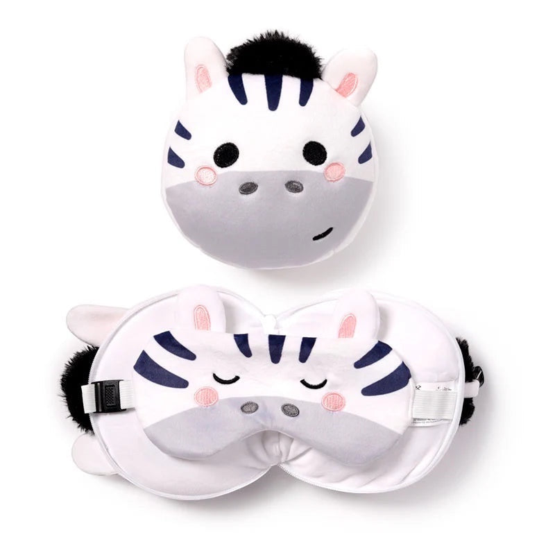 Eclectic Relaxeazzz Bali the Zebra plush travel pillow and matching eye mask set in soft white and black polyester