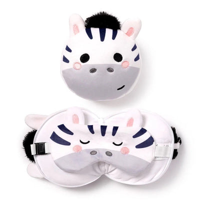 Eclectic Relaxeazzz Bali the Zebra plush travel pillow and matching eye mask set in soft white and black polyester