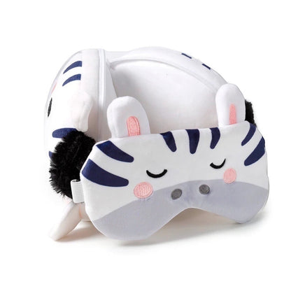 Eclectic Relaxeazzz Bali the Zebra 2-in-1 plush travel pillow and matching eye mask in soft white and black fabric.