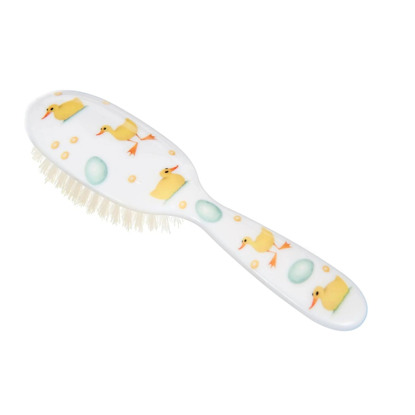Eclectic Rock & Ruddle baby hairbrush featuring a cute yellow duckling and blue egg pattern with soft boar bristles.
