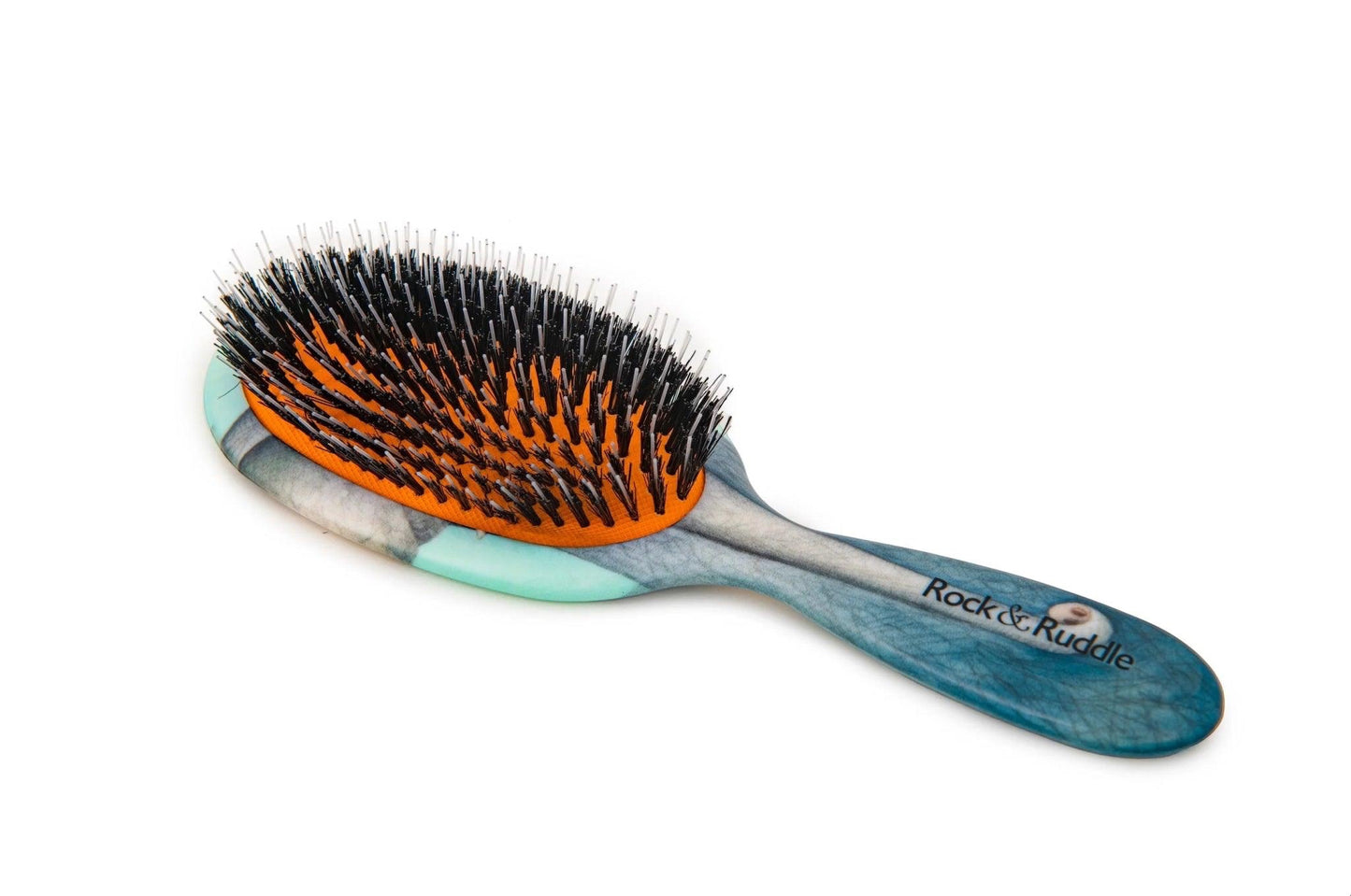 Eclectic Rock & Ruddle baby hairbrush with a blue elephant design, featuring natural boar bristles and nylon tips.