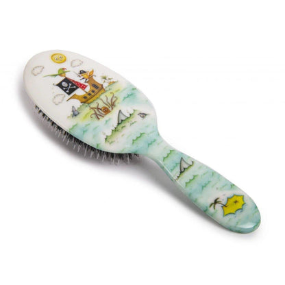 Eclectic Rock & Ruddle High Seas baby hairbrush featuring a nautical pirate ship design with natural boar bristles.