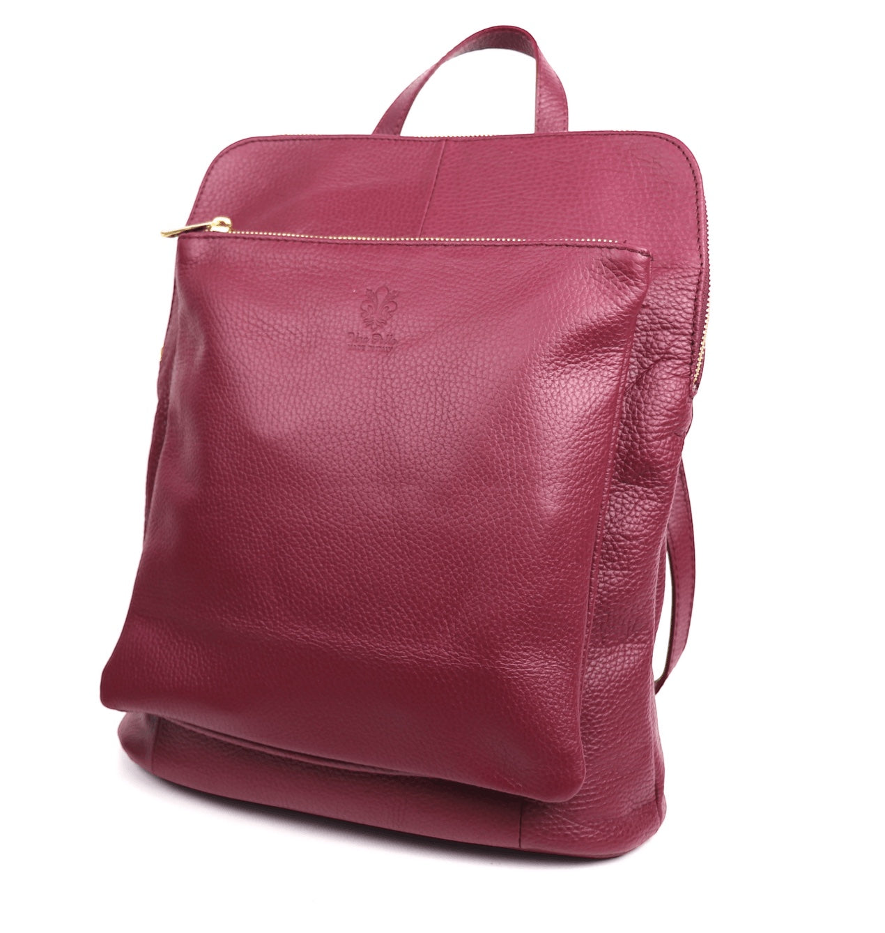 Eclectic Roma convertible burgundy leather backpack with gold-tone hardware and front zip pocket