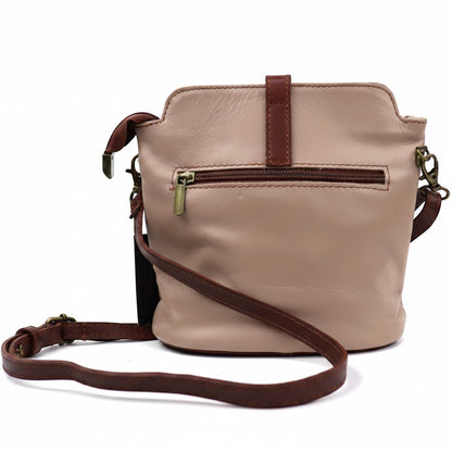 Eclectic Roma leather crossbody bag in beige with tan trim, gold hardware, and back zip pocket on a white background.