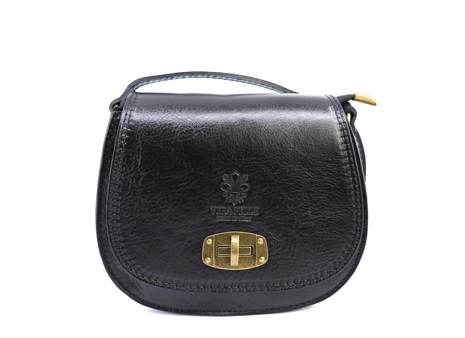 Eclectic Rosa black Italian leather crossbody bag with brushed brass twist-lock hardware and structured silhouette