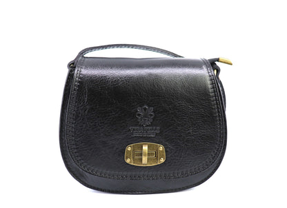 Eclectic Rosa black Italian leather crossbody bag with brushed brass twist-lock hardware and structured silhouette