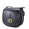 Eclectic Rosa black Italian leather crossbody bag with brushed brass twist-lock hardware and adjustable shoulder strap.