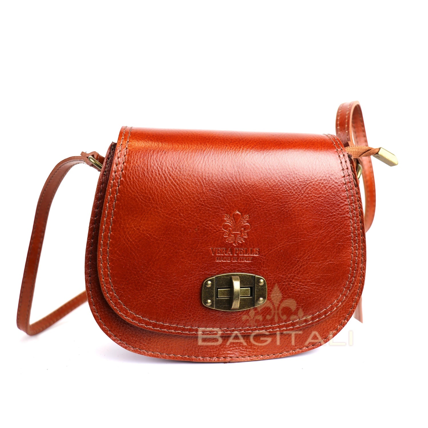 Eclectic Rosa brown Italian leather crossbody bag with brushed brass twist-lock hardware and adjustable shoulder strap.