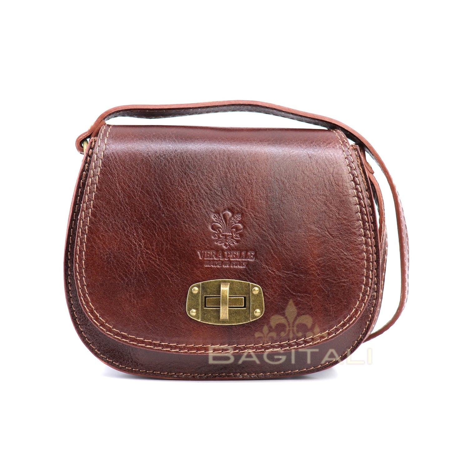 Eclectic Rosa brown Italian leather crossbody bag with brushed brass twist-lock hardware and Vera Pelle branding.
