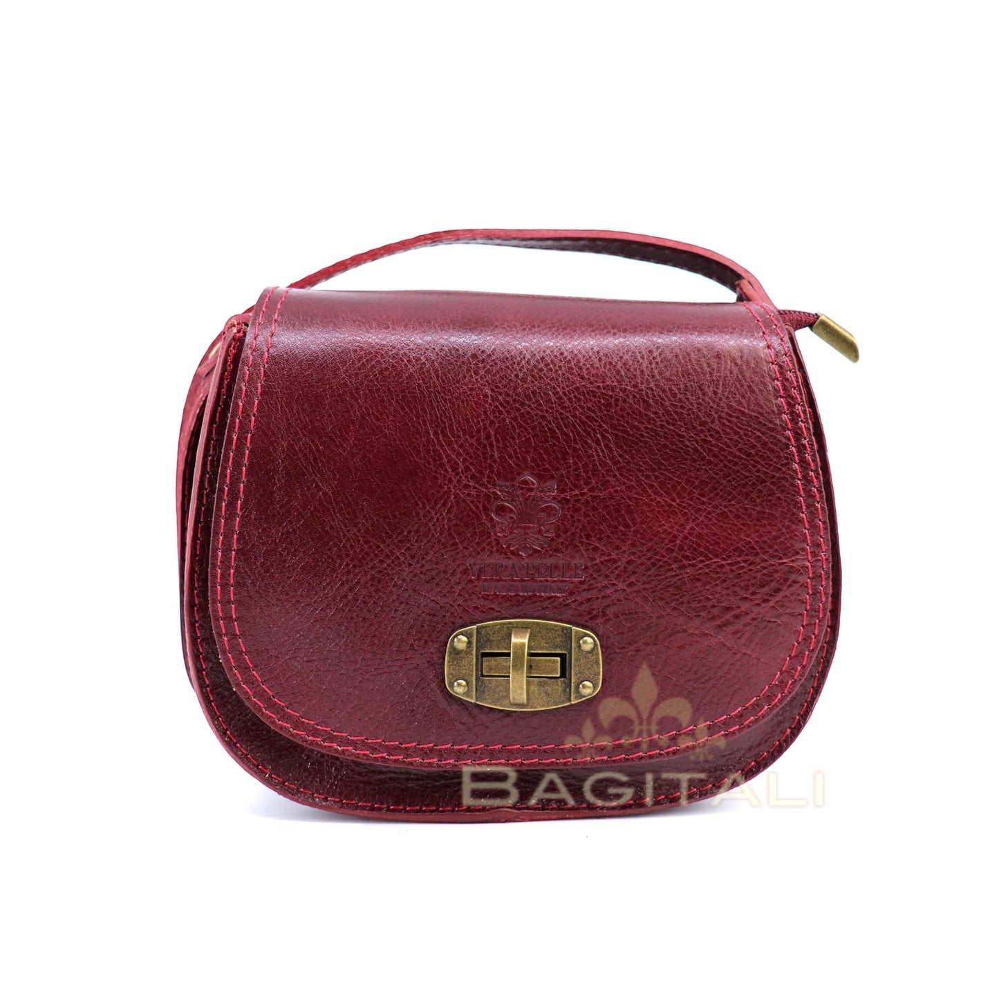 Eclectic Rosa leather crossbody bag in deep red with brushed brass twist-lock hardware and structured silhouette