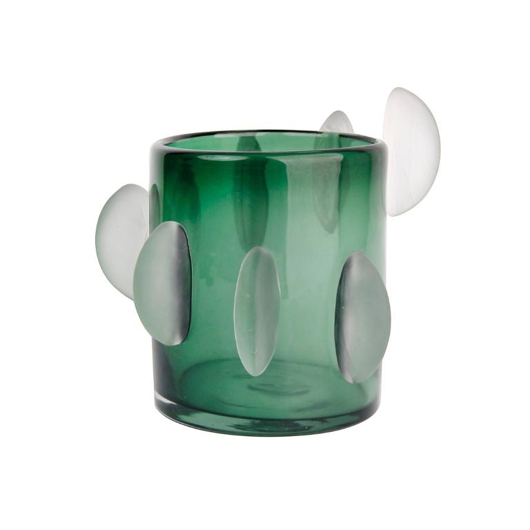 Eclectic Rosie green glass vase with frosted oval appliqués and a contemporary cylindrical design.