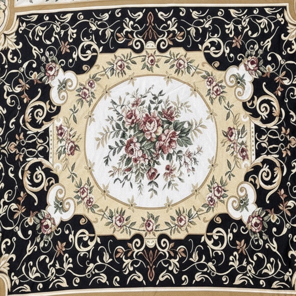 Eclectic round tablecloth featuring a black, gold, and ivory baroque floral pattern on lightweight fabric.