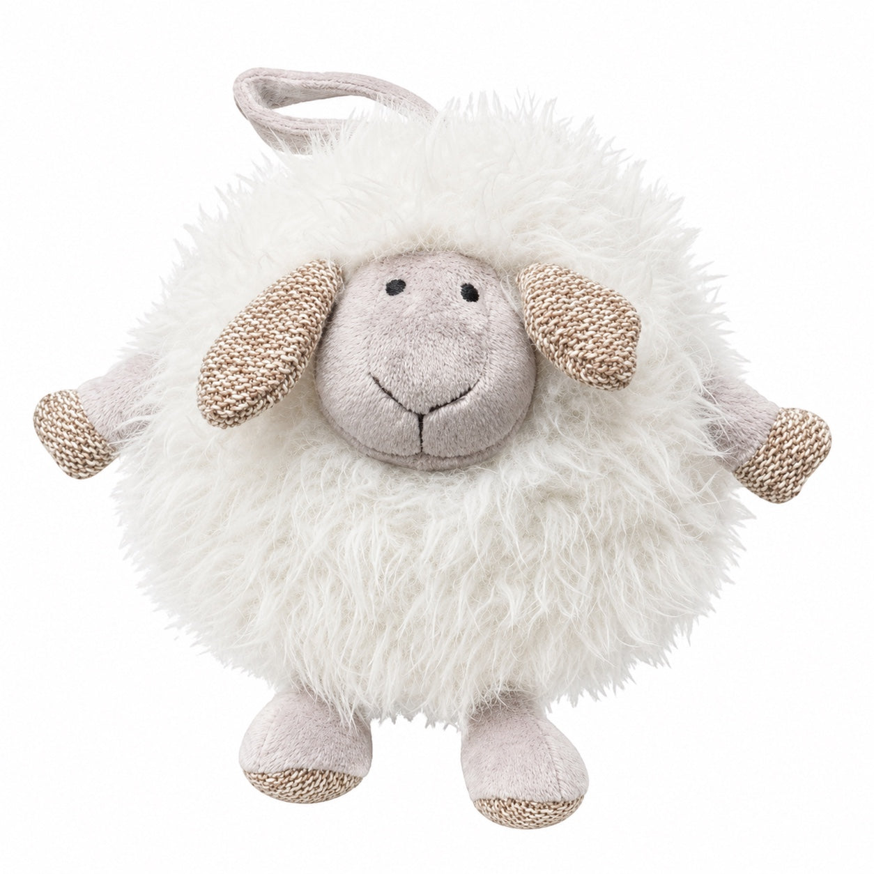 Eclectic round cream lamb plush toy with fluffy fleece, knitted ears, and hooves, perfect for baby cuddles.