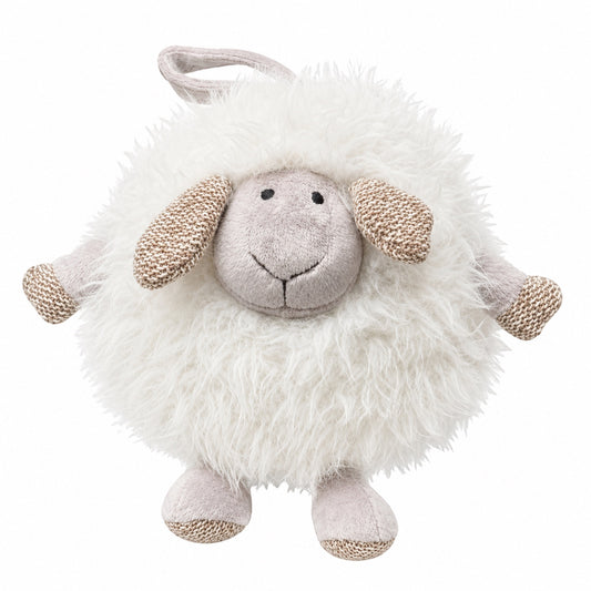 Eclectic round cream lamb plush toy with fluffy fleece, knitted ears, and hooves, perfect for baby cuddles.