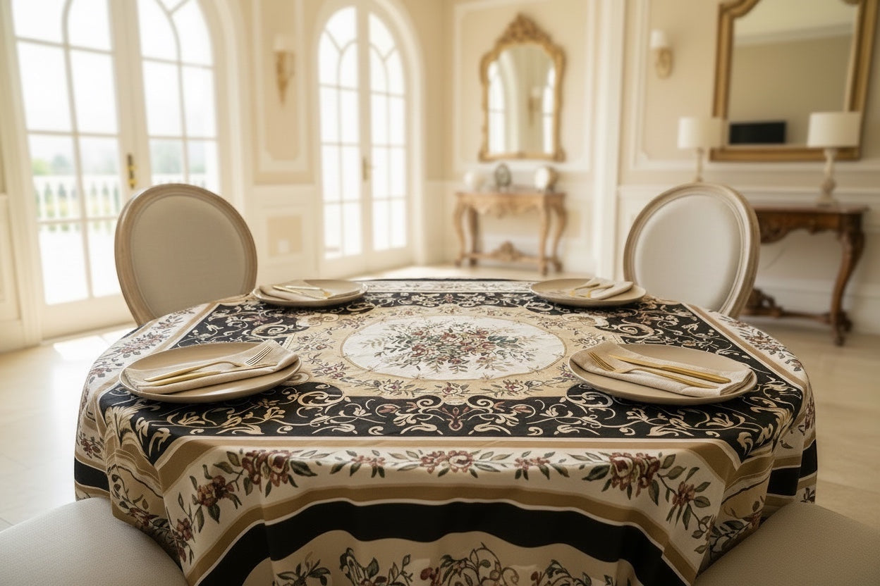 Eclectic round tablecloth with a vintage European baroque floral pattern in black, gold, and ivory on a dining table.