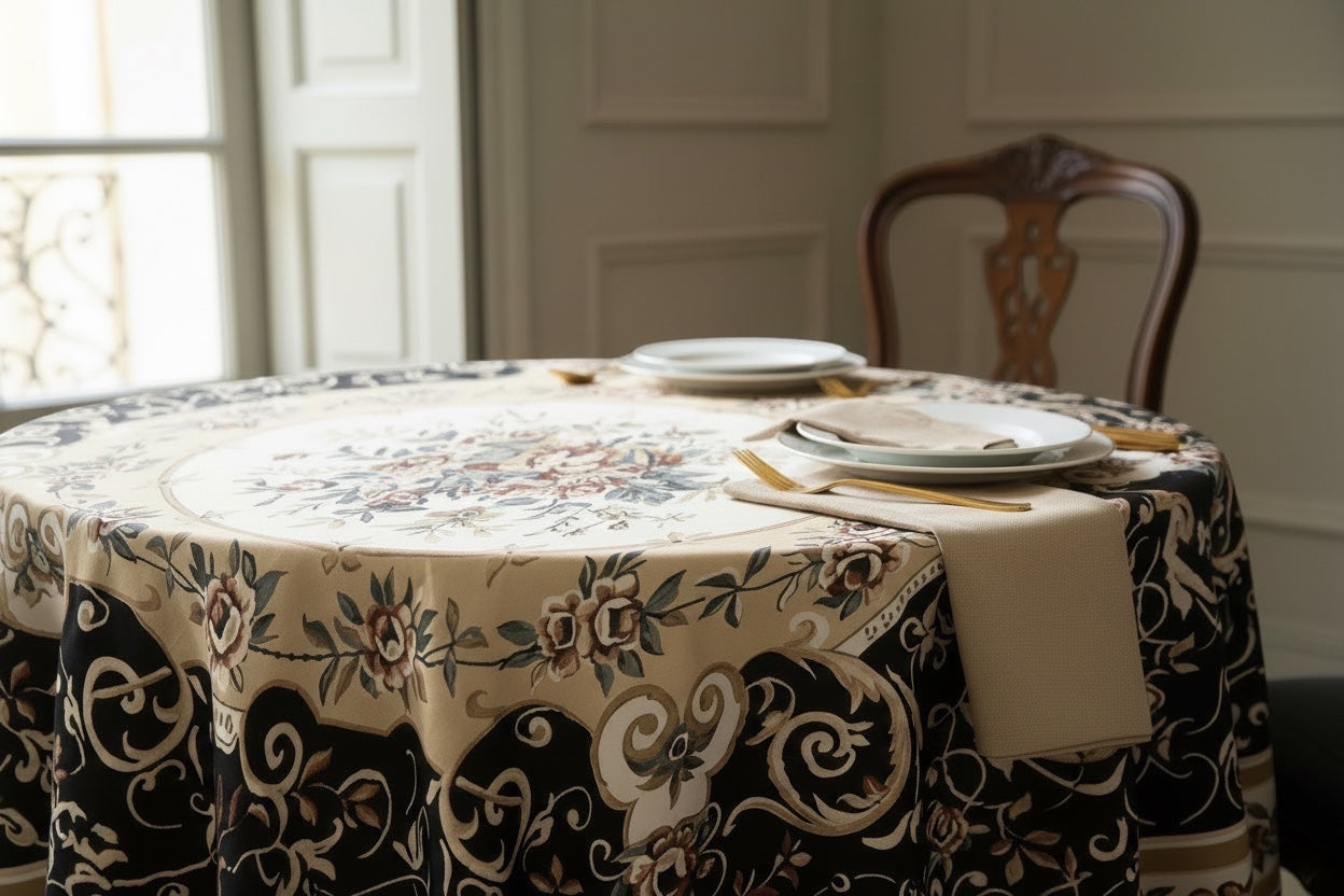 Eclectic round tablecloth featuring a vintage baroque floral pattern in black, gold, and ivory on a dining table.
