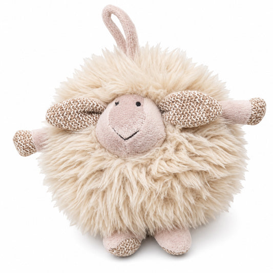 Eclectic round fluffy beige lamb plush toy with knitted ears and hooves, perfect for baby cuddles.