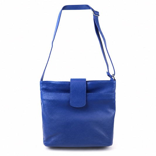 Eclectic royal blue pebbled Italian leather crossbody bag with an adjustable strap and magnetic flap closure.