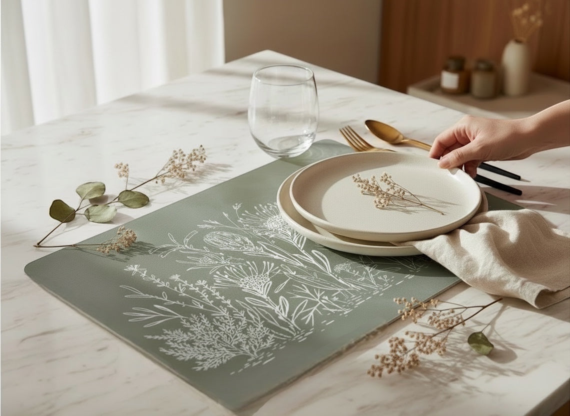 Eclectic sage green reusable placemat with white botanical fynbos illustration on a marble table with dinnerware.