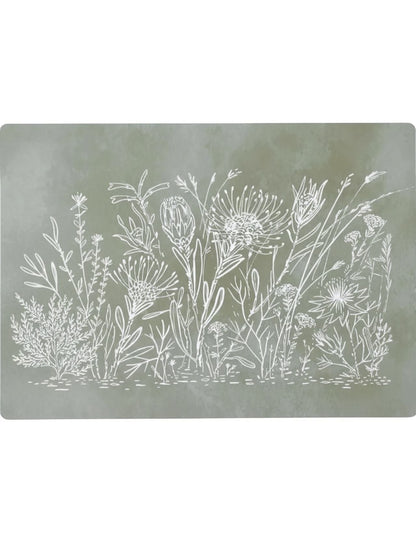 Eclectic sage green reusable placemat featuring white botanical fynbos linework on durable satin-finish paperboard.
