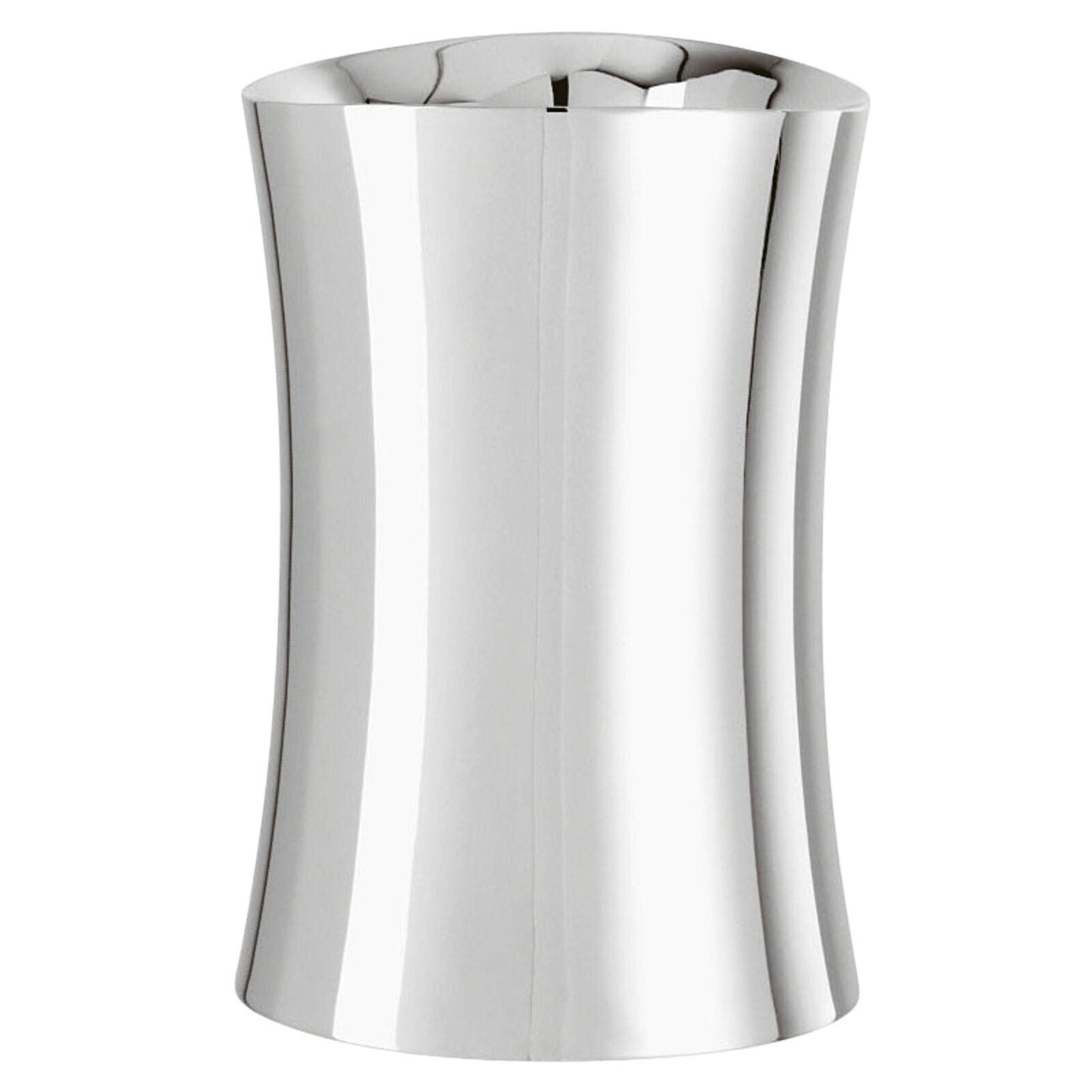 Eclectic Sambonet Bamboo insulated wine cooler in polished mirror-finish stainless steel with an elegant oval shape.