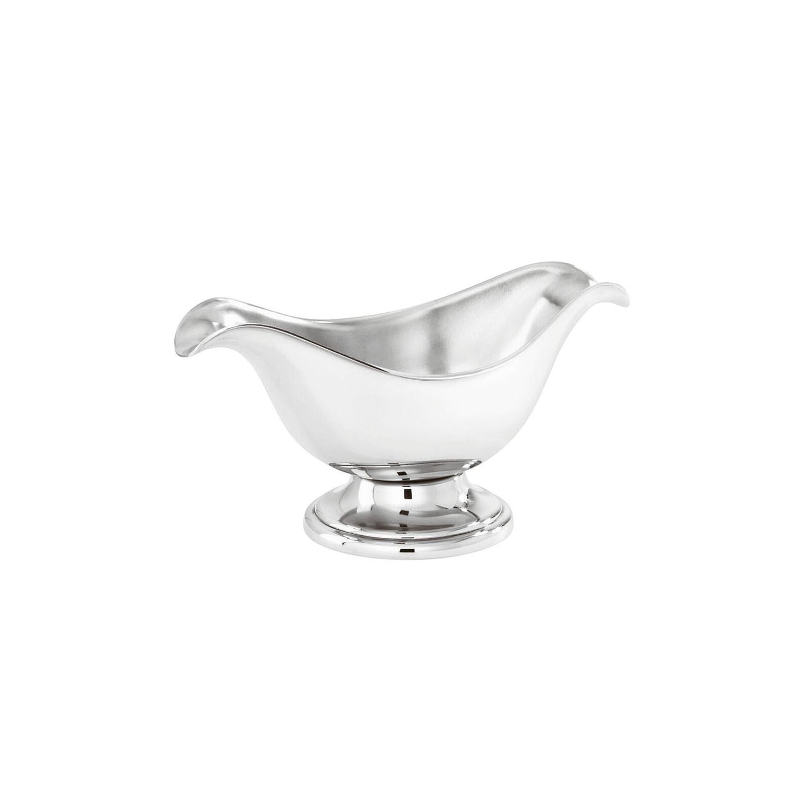 Eclectic Sambonet Elite oval sauce boat in mirror-polished stainless steel with an elegant pedestal base.