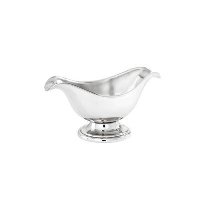 Eclectic Sambonet Elite oval sauce boat in mirror-polished stainless steel with an elegant pedestal base.