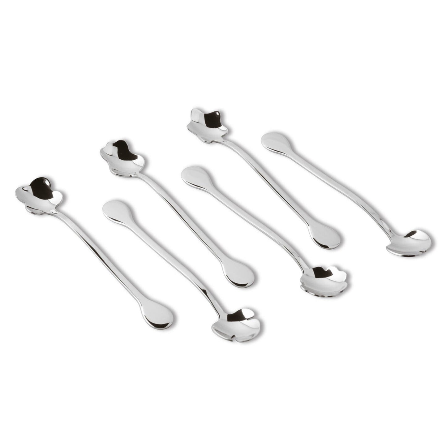 Eclectic Sambonet 6-piece stainless steel party spoon set with unique mirror-polished flower petal bowl designs.